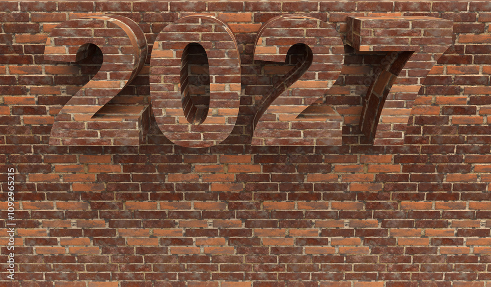 Brick New Year 2027 set on a stone wall in front. Post idea for a construction company. 3d rendering Brick New Year 2027 set on a stone wall in front. Post idea for a construction company. 3d rendering