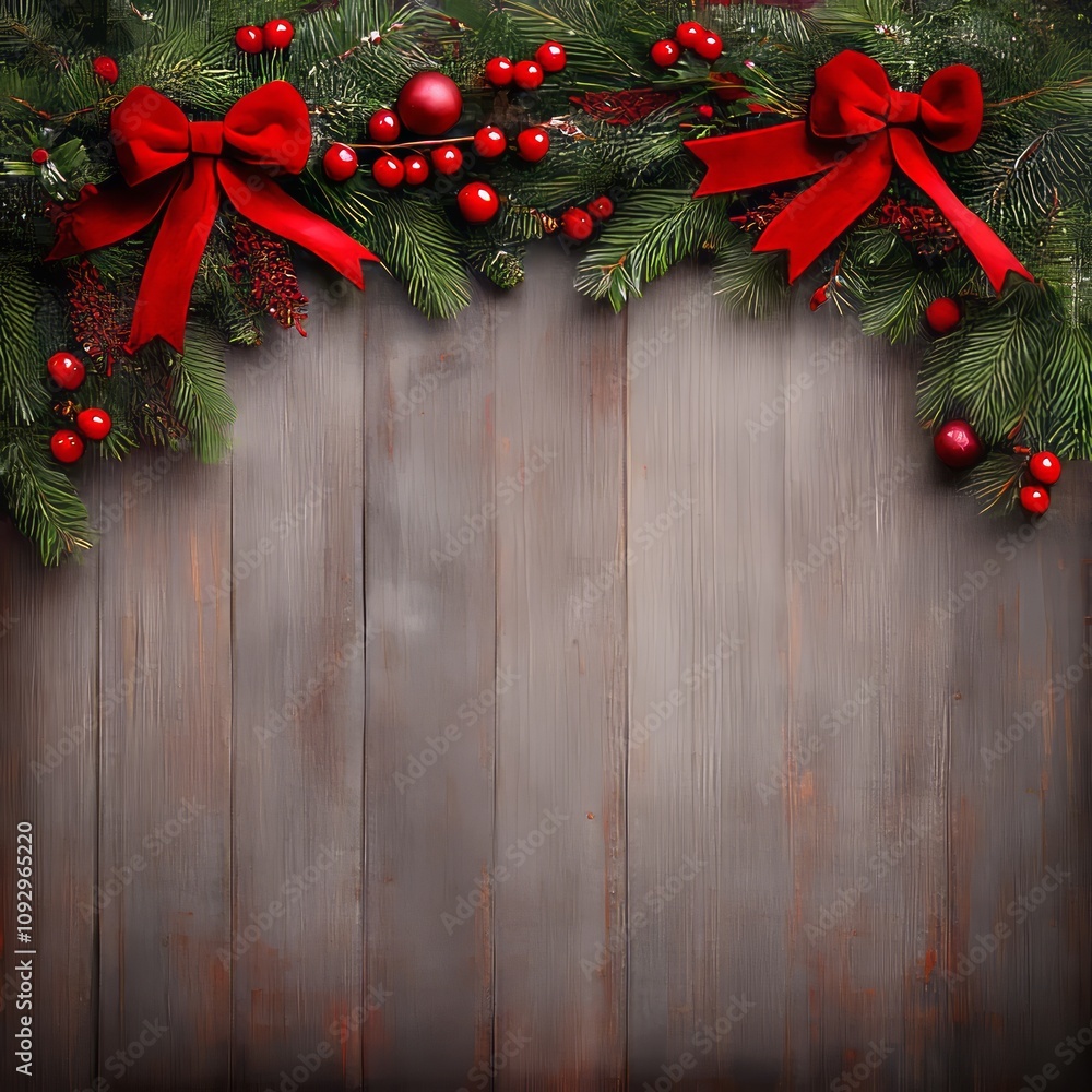 Festive Christmas border of evergreen boughs, red berries, and bows on rustic wood.