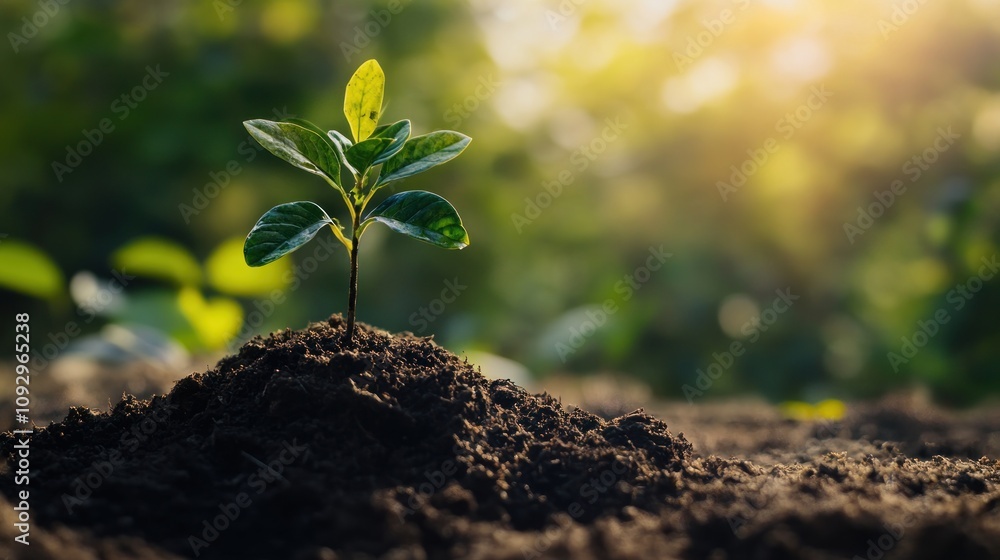 Seedling growing in soil with soft sunlight in background Seedling growing in soil with soft sunlight in background