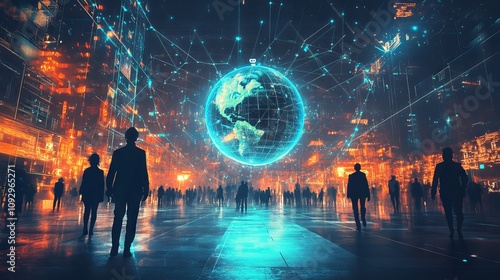 Cyberpunk Night Scene with Holographic Earth and Silhouetted Figures. AI generated illustration