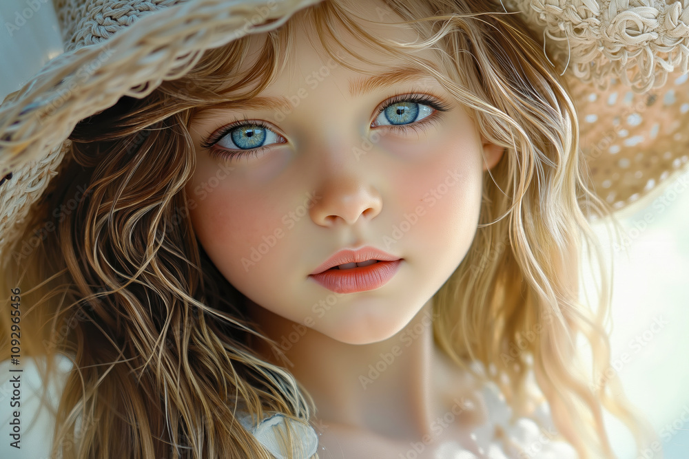 Fototapeta premium A close up of a doll with blue eyes wearing a straw hat
