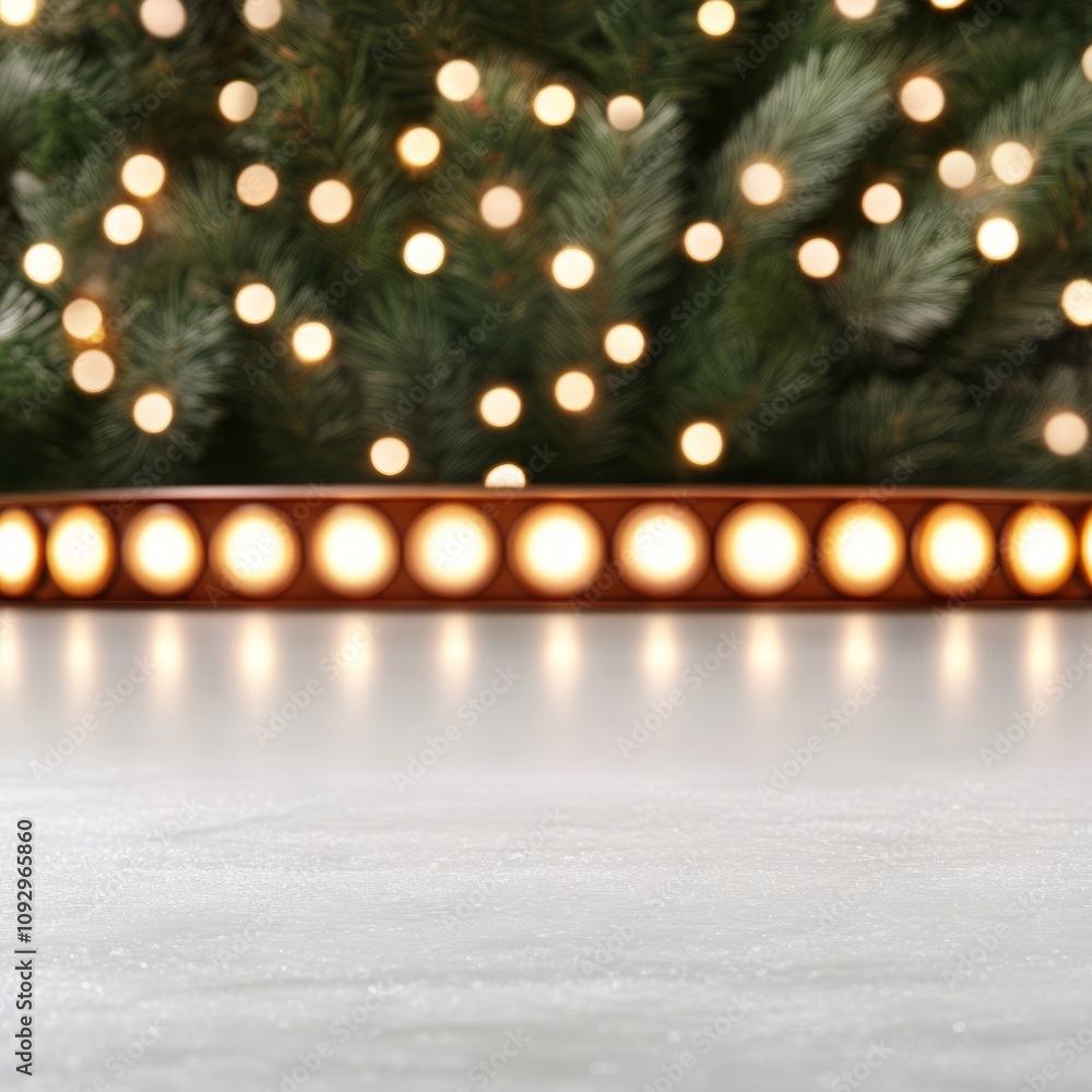 Festive lights on a table with blurred Christmas tree background. Festive lights on a table with blurred Christmas tree background.
