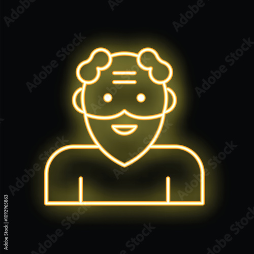 Neon yellow grandfather with beard and mustache icon on black background