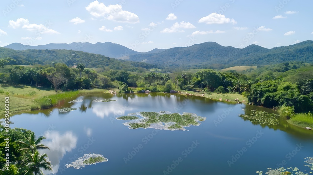 Serene lake nestled in lush green valley, surrounded by mountains under a partly cloudy sky.