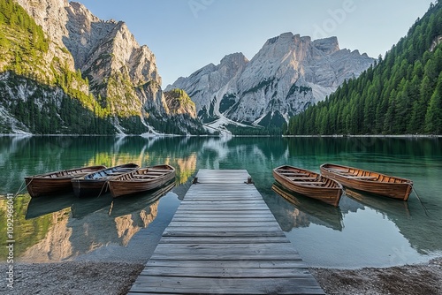 Sunrise at Lake Braies with Rowing Boats and Mountain Views. AI generated illustration