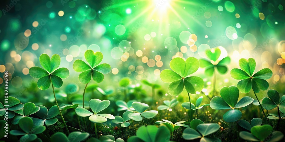 Celebrate St. Patrickâ€™s Day with a vibrant green background adorned with clovers and a bokeh effect, ideal for party decorations and festive spring greetings.