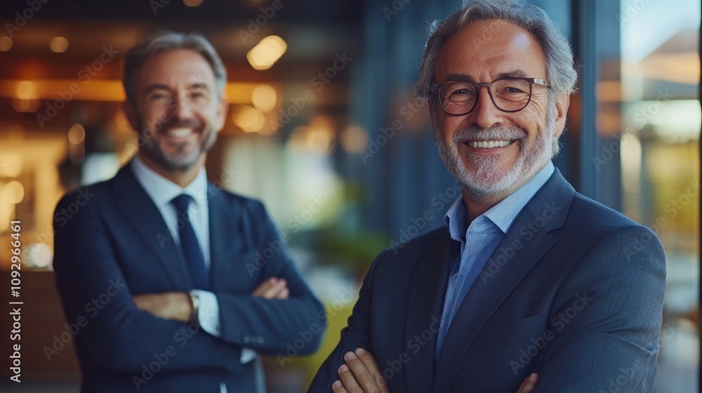 Elderly men in suits standing confidently indoors Elderly men in suits standing confidently indoors