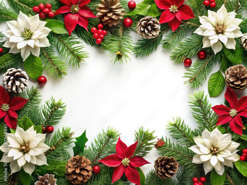 Celebrate the season with a whimsical Christmas and New Year banner, featuring vibrant poinsettias, fir trees, holly berries, and pine cones against a clean white backdrop. Celebrate the season with a whimsical Christmas and New Year banner, featuring vibrant poinsettias, fir trees, holly berries, and pine cones against a clean white backdrop.