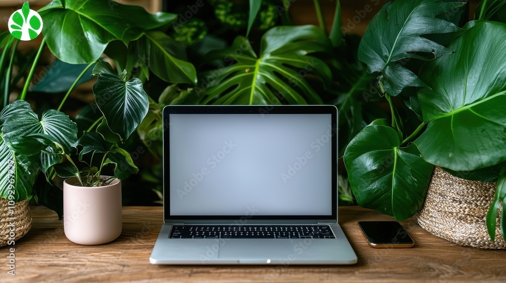 Young Woman Coding on Laptop Surrounded by Plants Young Woman Coding on Laptop Surrounded by Plants