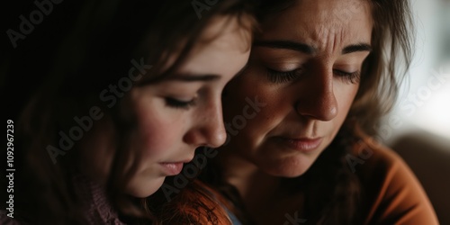 This touching image captures a close moment of two women, highlighting the bond of love, support, and understanding shared in their gentle embrace.