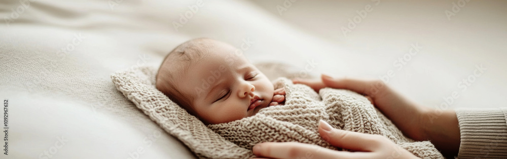 A peaceful moment with a sleeping baby wrapped in a cozy blanket, cradled gently by a loving hand. A peaceful moment with a sleeping baby wrapped in a cozy blanket, cradled gently by a loving hand.