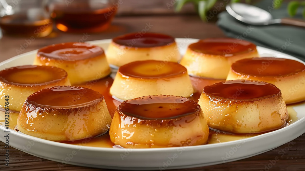 A platter of creamy Spanish flan, with caramelized custard served in individual portions, offering a smooth and decadent dessert option. A platter of creamy Spanish flan, with caramelized custard served in individual portions, offering a smooth and decadent dessert option.