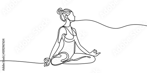 Continuous line drawing of a woman in a yoga pose, representing relaxation and fitness. Vector art focused on health and meditation, isolated on a white background.