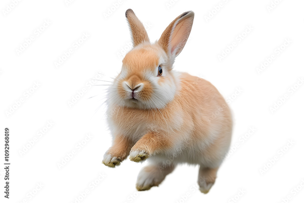 Obraz premium Cute Bunny with a Hop: A fluffy brown bunny with white paws and a pink nose hops in the air with a playful expression. His big brown eyes are wide with excitement as he leaps into the unknown