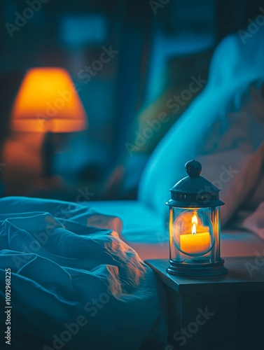 Candlelit nighttime serenity in cozy bedroom with soft lighting and warm ambiance for relaxation and peaceful rest