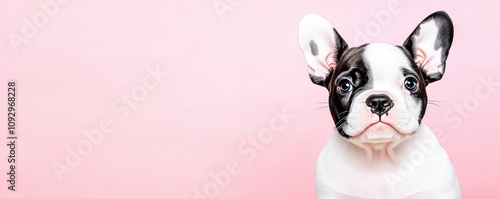 Adorable French Bulldog puppy portrait on pink background. Black and white Frenchie with big bat ears and expressive eyes. Studio shot with copy space for text or logo design. 8k banner photo