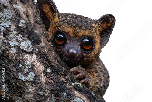 Adorable Lesser Bushbaby Peeking from Tree Trunk , isolated photo