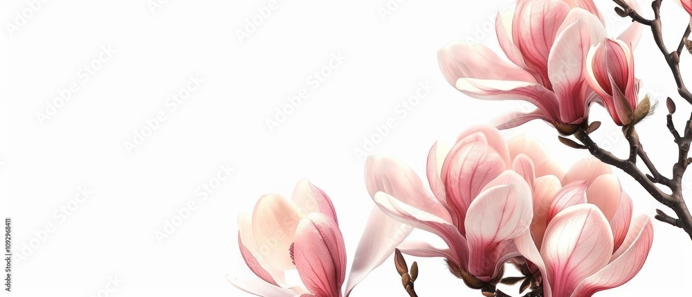 Obraz premium A serene illustration of pink magnolia flowers against a white background.