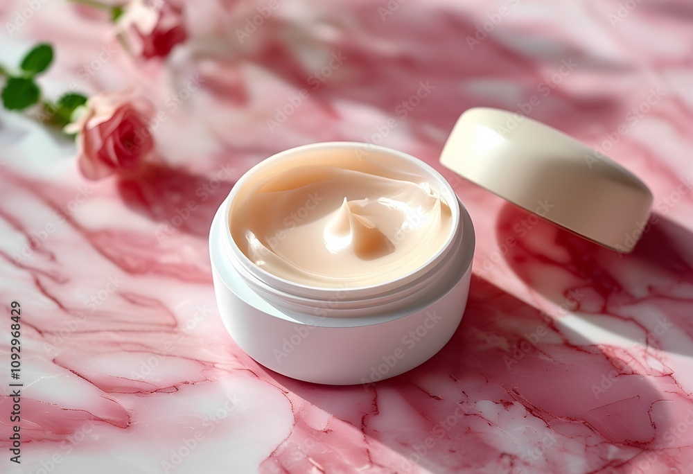 A small jar of nourishing cream with the lid slightly open, placed on a polished pink marble surface. A small jar of nourishing cream with the lid slightly open, placed on a polished pink marble surface.
