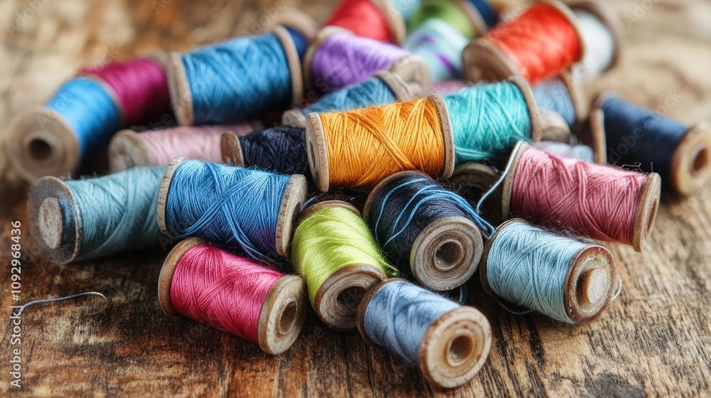 Colorful spools of sewing thread on a wooden table Colorful spools of sewing thread on a wooden table