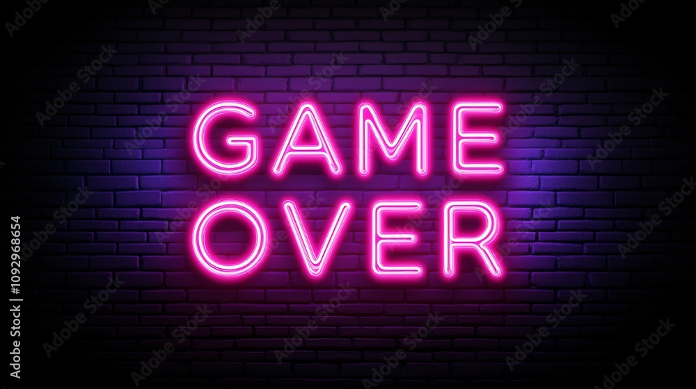 Bright neon game over sign illuminating dark brick wall. Generative AI Bright neon game over sign illuminating dark brick wall. Generative AI