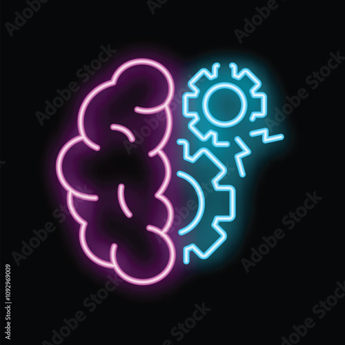 Neon human brain working with gears generating ideas and solutions