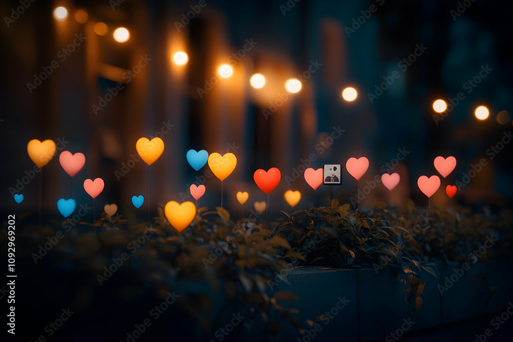 Illuminated heart-shaped lights nestled amongst foliage at night, creating a romantic and whimsical ambiance. Illuminated heart-shaped lights nestled amongst foliage at night, creating a romantic and whimsical ambiance.