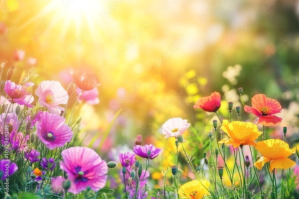 Sunset Over a Poppy Field with Wildflowers and Golden Hour Lighting. AI generated illustration Sunset Over a Poppy Field with Wildflowers and Golden Hour Lighting. AI generated illustration