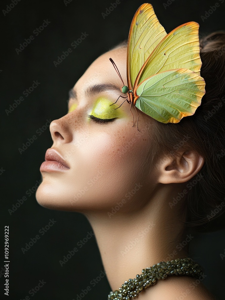 Side profile of model with butterfly and green makeup