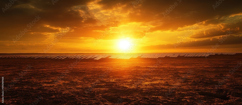 Obraz premium Stunning Sunset Over Solar Panels in Desert Landscape Capturing Renewable Energy and Sustainable Technology