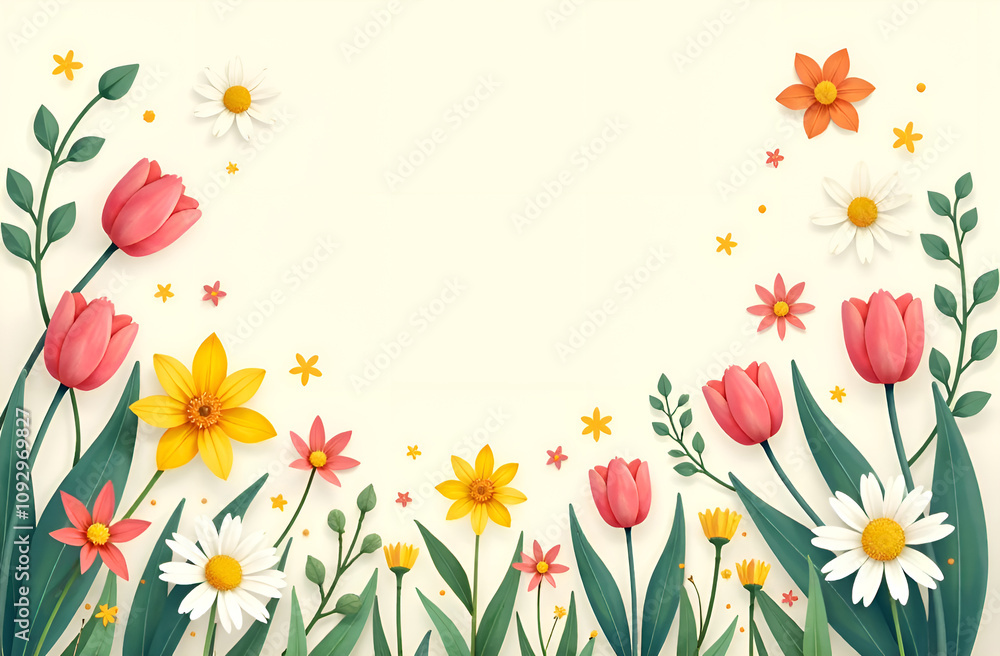 Greeting card. There is a place for text in the center, a lot of spring flowers, tulips, daffodils, daisies, chamomile, soft light pastel colors Greeting card. There is a place for text in the center, a lot of spring flowers, tulips, daffodils, daisies, chamomile, soft light pastel colors