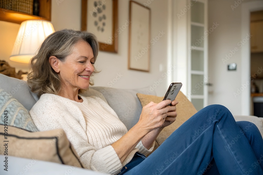 Relaxed mature old 60s woman, older middle aged female customer holding smartphone using mobile app, texting message, search ecommerce offers on cell phone technology device sitting on couch at home Relaxed mature old 60s woman, older middle aged female customer holding smartphone using mobile app, texting message, search ecommerce offers on cell phone technology device sitting on couch at home