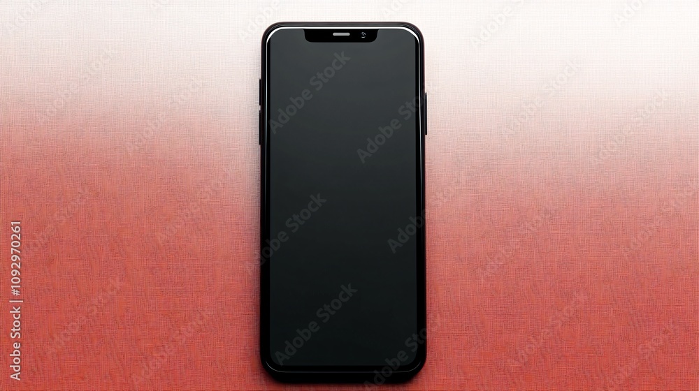 Naklejka premium Black smartphone mock up lying on a light red gradient surface with a sleek design. Generative AI
