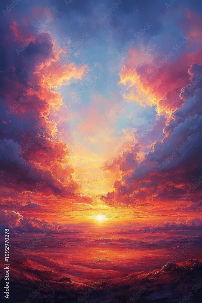 Fototapeta premium Stunning Vibrant Sunset with Dramatic Clouds and Colorful Sky Over Serene Landscape