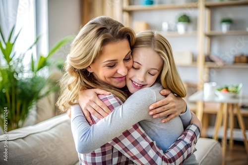 Teenage girl hugging her mother at home