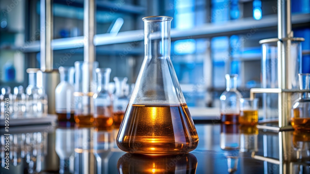A laboratory scene featuring a flask with a brown liquid, suggesting scientific experimentation. A laboratory scene featuring a flask with a brown liquid, suggesting scientific experimentation.