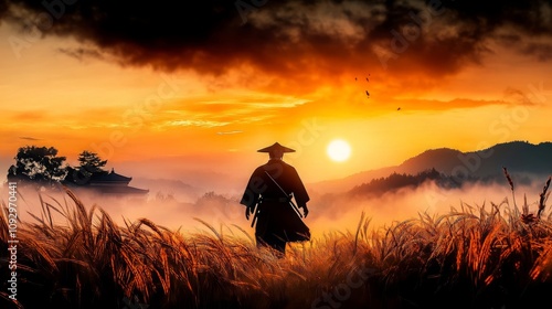 Sunrise Warrior Silhouetted Monk in Misty Field at Dawn