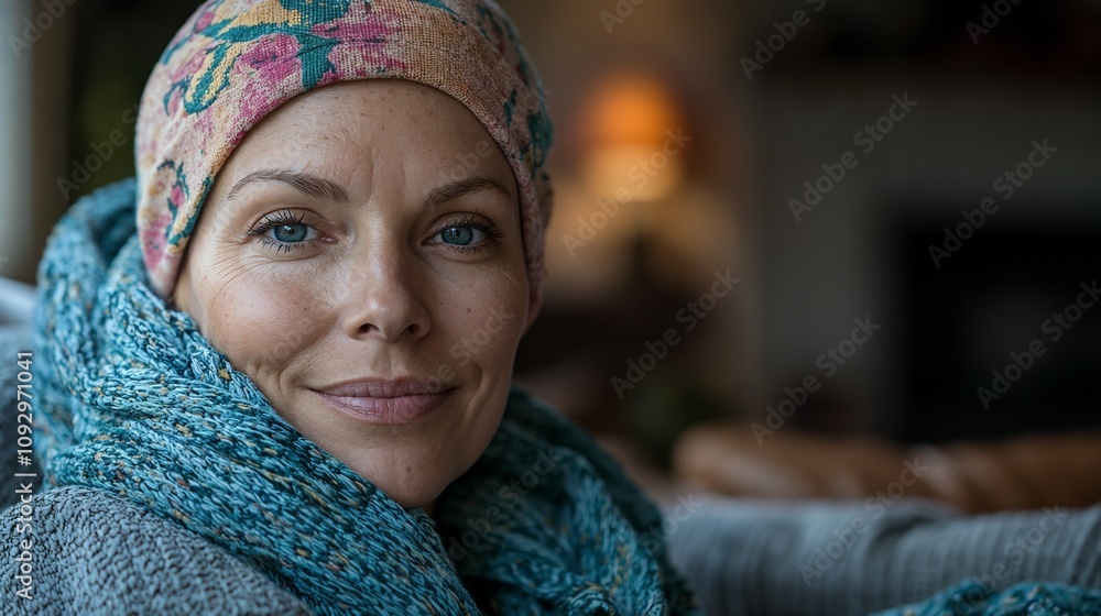 Smiling woman in headscarf and scarf symbolizing strength against cancer Smiling woman in headscarf and scarf symbolizing strength against cancer