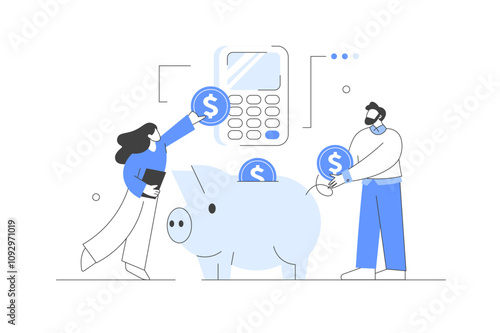 Characters Donating Money for Charity, Collecting Coins in Piggy Bank. Charity Support and Saving Money Concept. Flat Cartoon Vector Illustration, icon. Stylish abstract