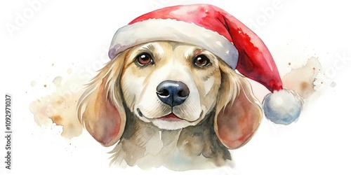 Charming watercolor illustration of a minimalist dog wearing a Santa hat, perfect for festive holiday decor. Ideal gift for pet lovers celebrating Christmas cheer and seasonal joy. photo