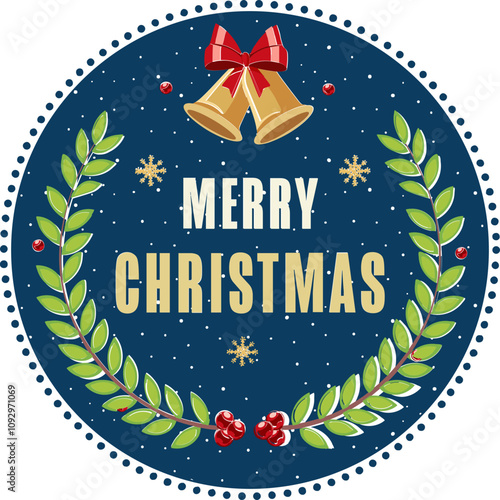 Merry Christmas Typography Text Decoration with Bell, Wreath Vector Illustration.