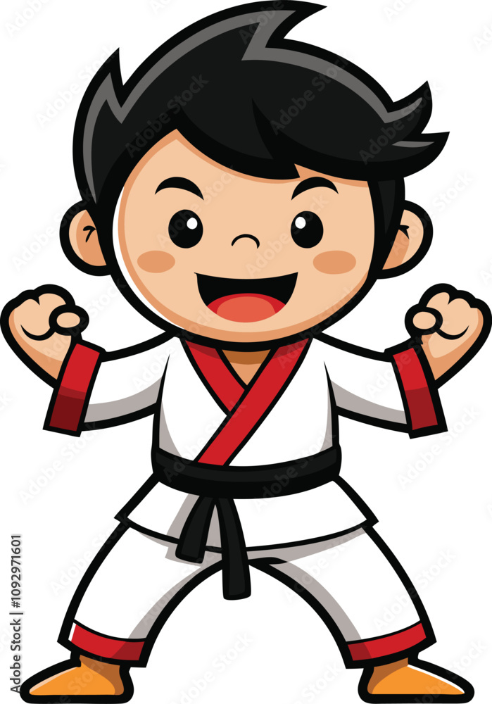 Victorious Karate Kid: A cheerful cartoon illustration of a young boy in a karate gi, fists clenched in a triumphant pose. Perfect for children's books, websites, and educational materials. Victorious Karate Kid: A cheerful cartoon illustration of a young boy in a karate gi, fists clenched in a triumphant pose. Perfect for children's books, websites, and educational materials.