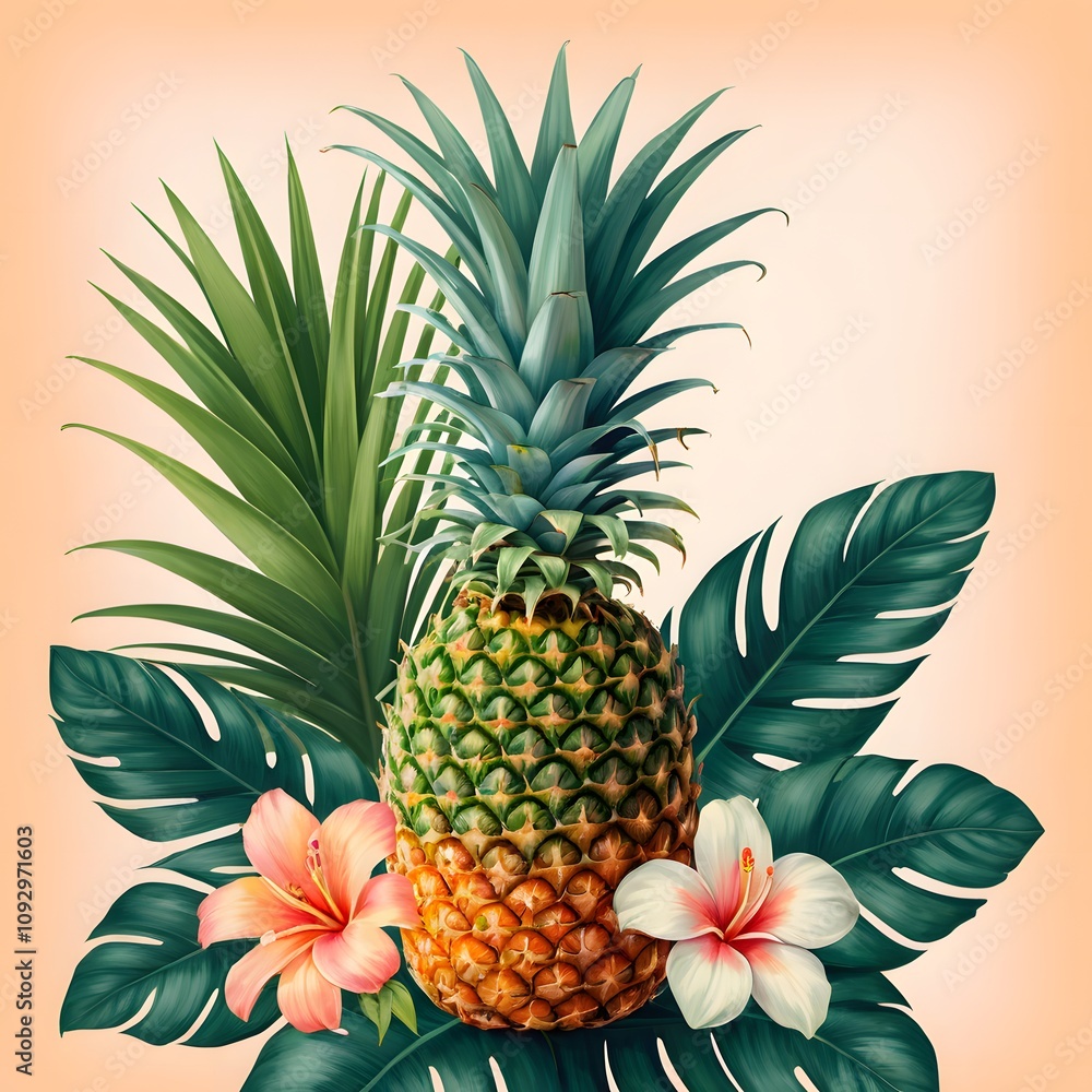 high-resolution colorful pineapple illustration with tropical leaves and flowers perfect for trendy decor and wall art high-resolution colorful pineapple illustration with tropical leaves and flowers perfect for trendy decor and wall art