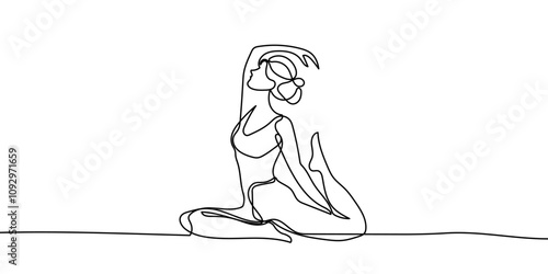 Continuous line drawing of a woman in a yoga pose, representing relaxation and fitness. Vector art focused on health and meditation, isolated on a white background.