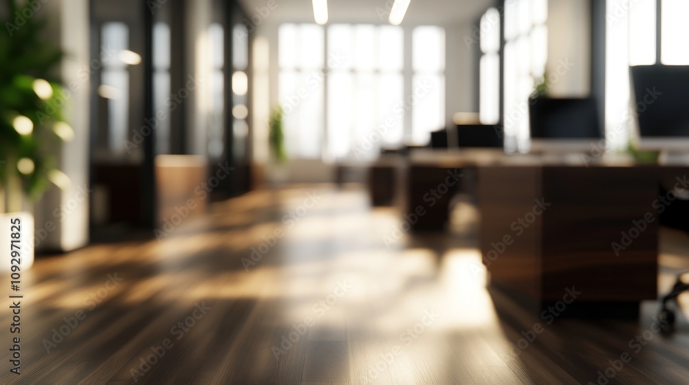 A blurred view of a modern office space with wooden floors and natural light. A blurred view of a modern office space with wooden floors and natural light.