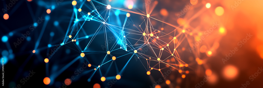 Futuristic neural network with glowing blue and orange nodes showcasing advanced connectivity and digital visualization design Futuristic neural network with glowing blue and orange nodes showcasing advanced connectivity and digital visualization design