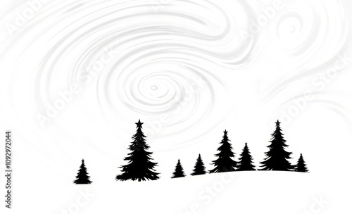 Christmas tree line drawing abstract christmas trees are depicted in a black and white silhouette against a swirling snowlike background christmas tree silhouette Illustration  photo