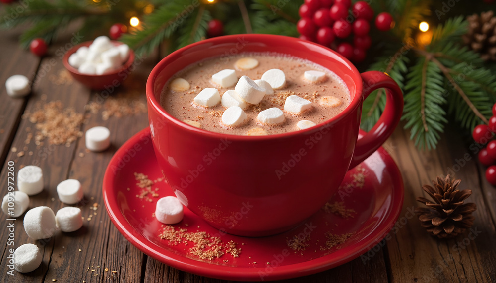 Hot chocolate with marshmallows in red cup surrounded by holiday decor Hot chocolate with marshmallows in red cup surrounded by holiday decor