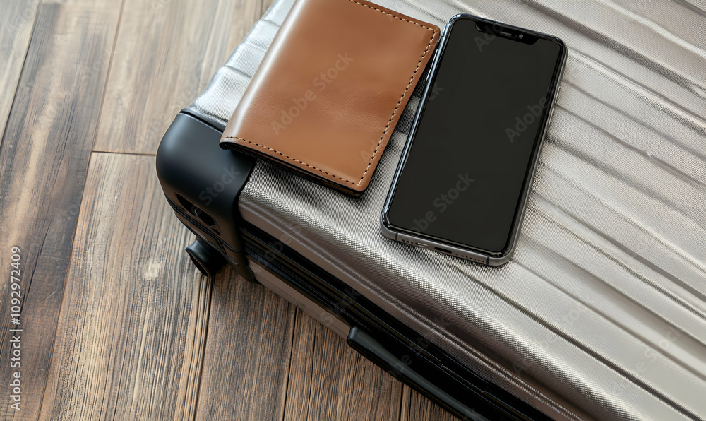 Stylish silver suitcase with a brown leather wallet and smartphone resting on top. Flatlay image ideal for travel blogs, articles, and websites. Stylish silver suitcase with a brown leather wallet and smartphone resting on top. Flatlay image ideal for travel blogs, articles, and websites.