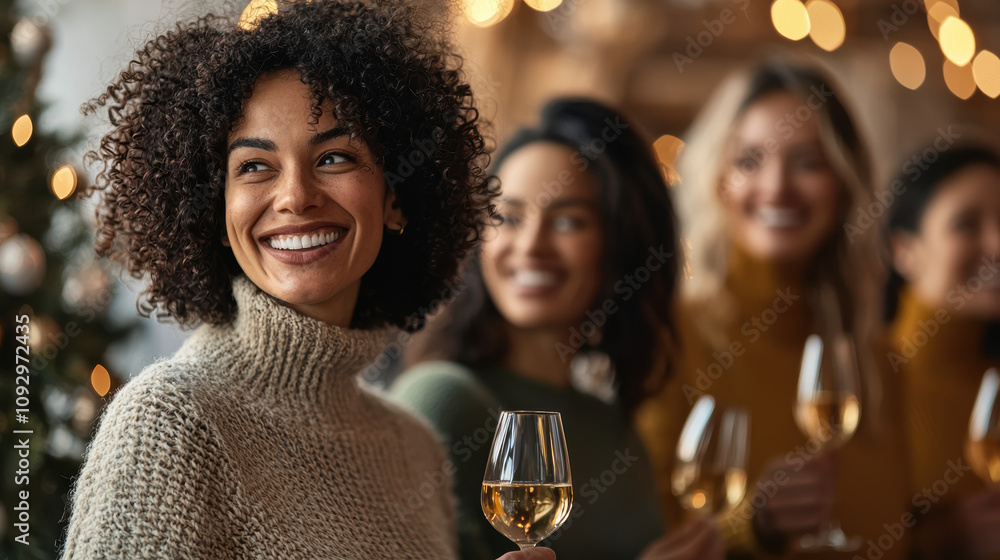 A joyful woman smiles while holding a glass of wine, surrounded by friends in a cozy, festive atmosphere with warm lights. A joyful woman smiles while holding a glass of wine, surrounded by friends in a cozy, festive atmosphere with warm lights.